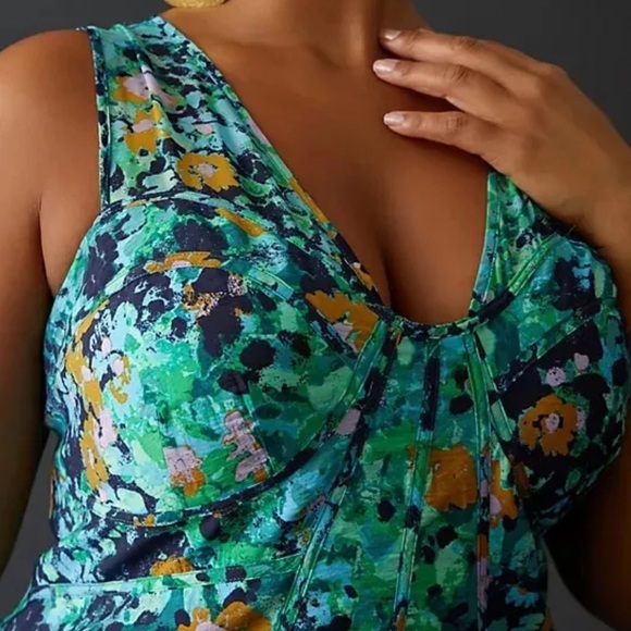 Anthropologie Corset Floral Mini Dress 12P NWT Turquoise Blue Green Party - Picture 2 of 5